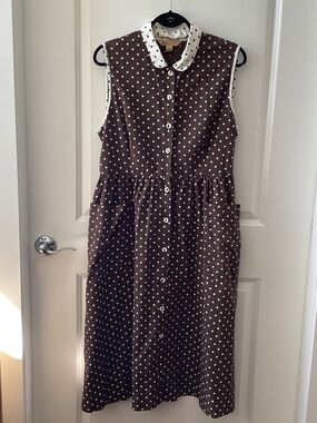 April Cornell Brown Polka Dot Sleeveless Midi Dress with Contrast Collar
